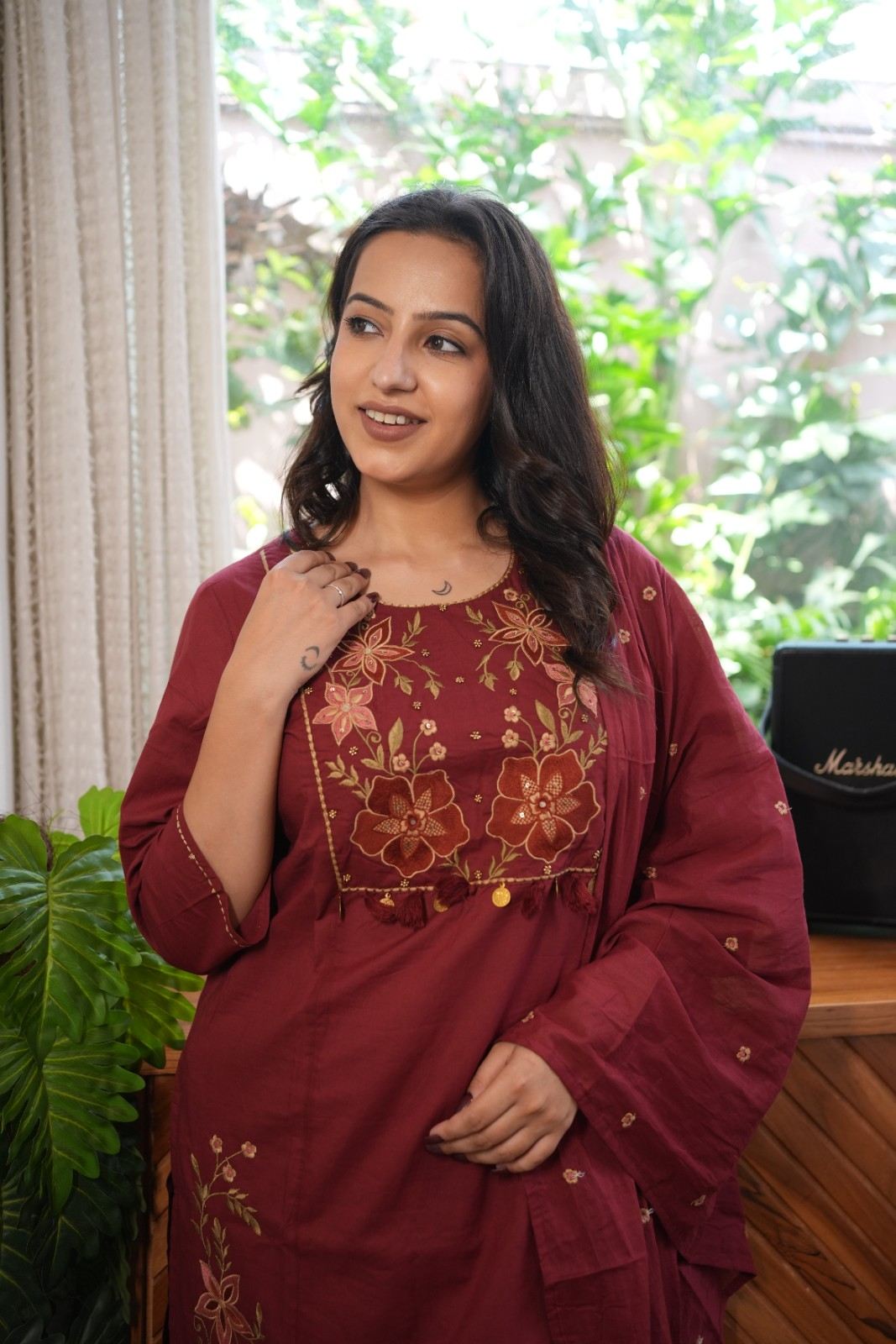 Maroon Embroidered Straight Kurta Set with Dupatta