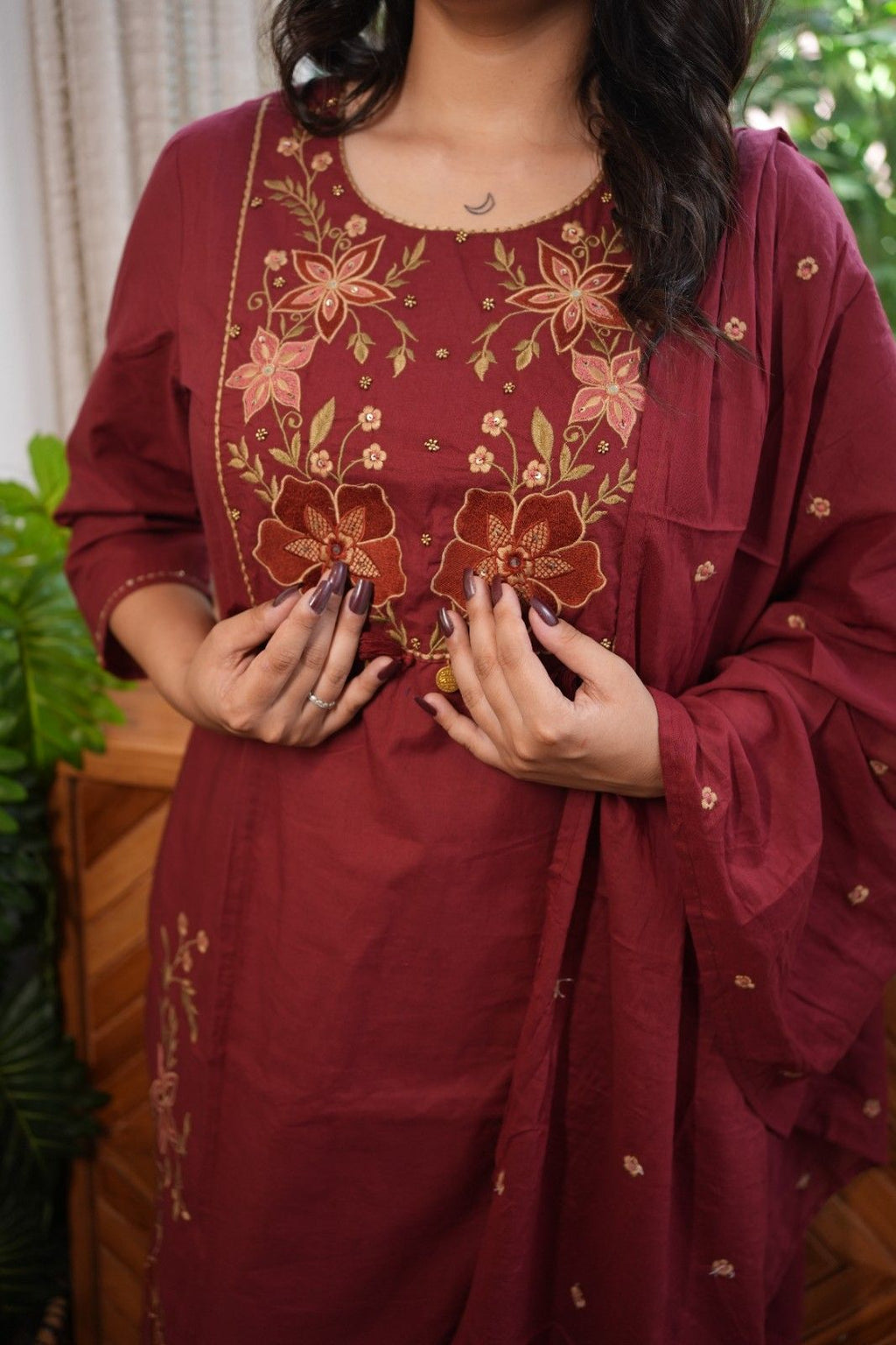 Maroon Embroidered Straight Kurta Set with Dupatta