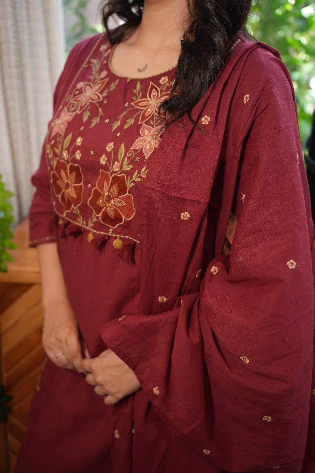 Maroon Embroidered Straight Kurta Set with Dupatta
