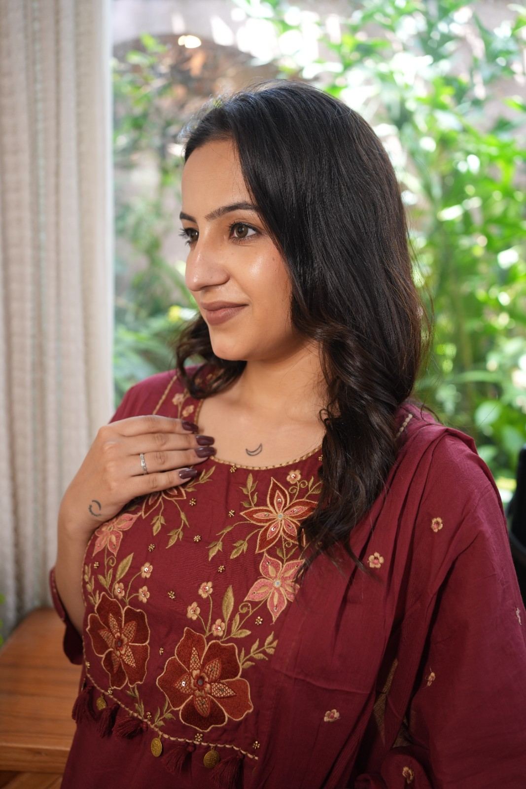 Maroon Embroidered Straight Kurta Set with Dupatta