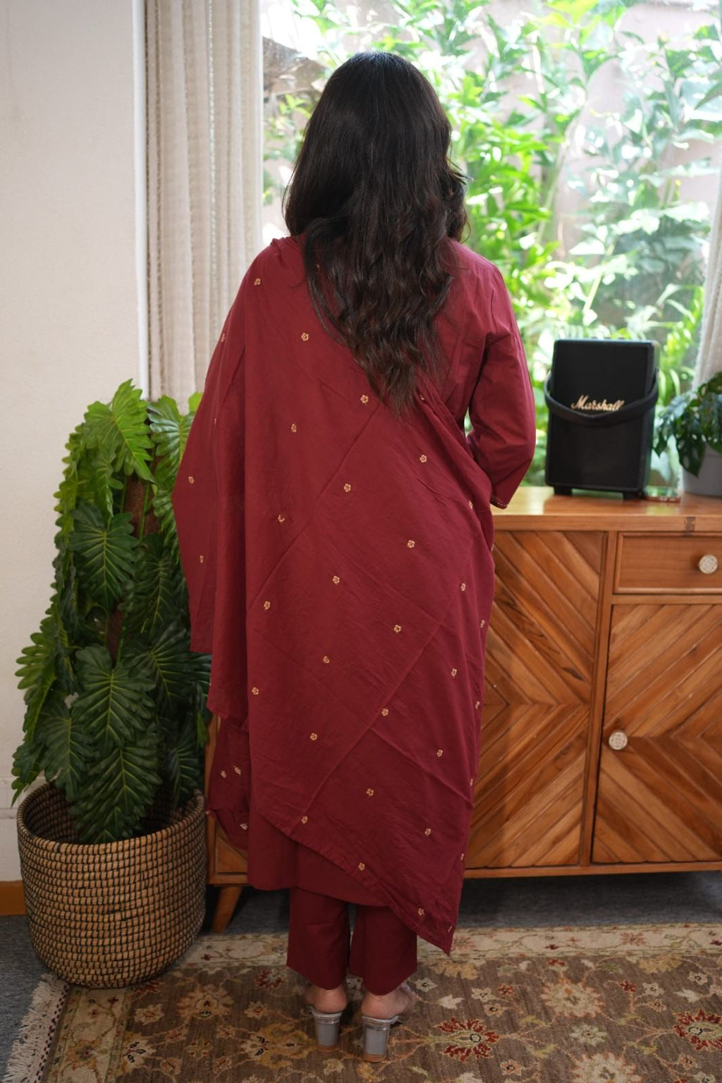 Maroon Embroidered Straight Kurta Set with Dupatta