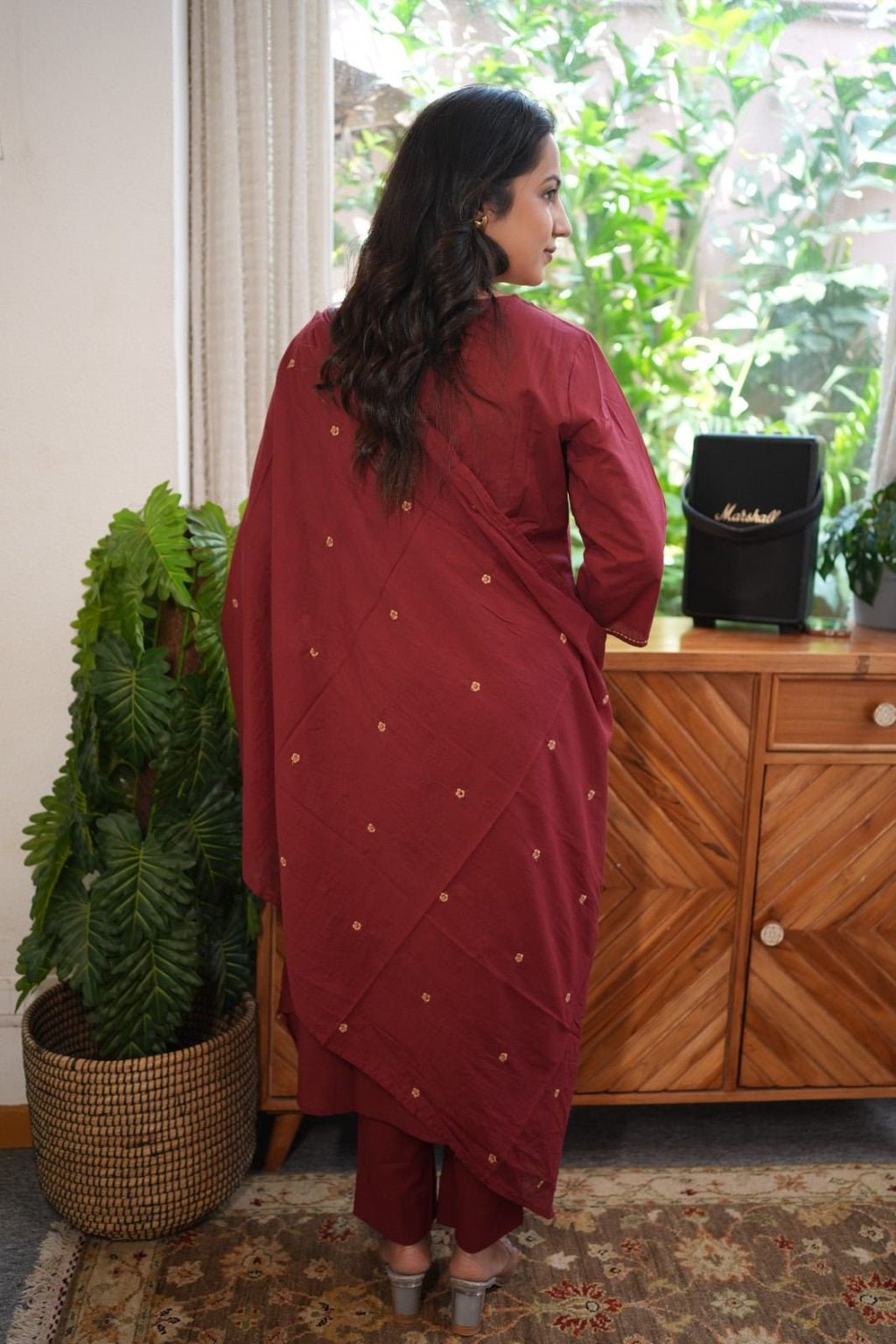 Maroon Embroidered Straight Kurta Set with Dupatta