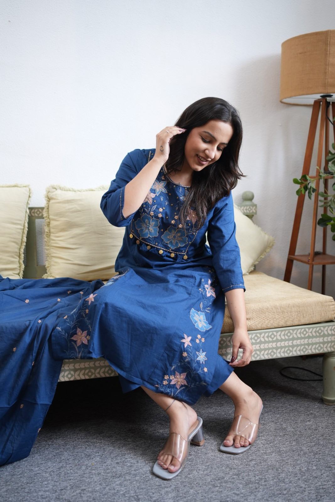 Royal Blue Floral Embroidered Kurta Set with Dupatta