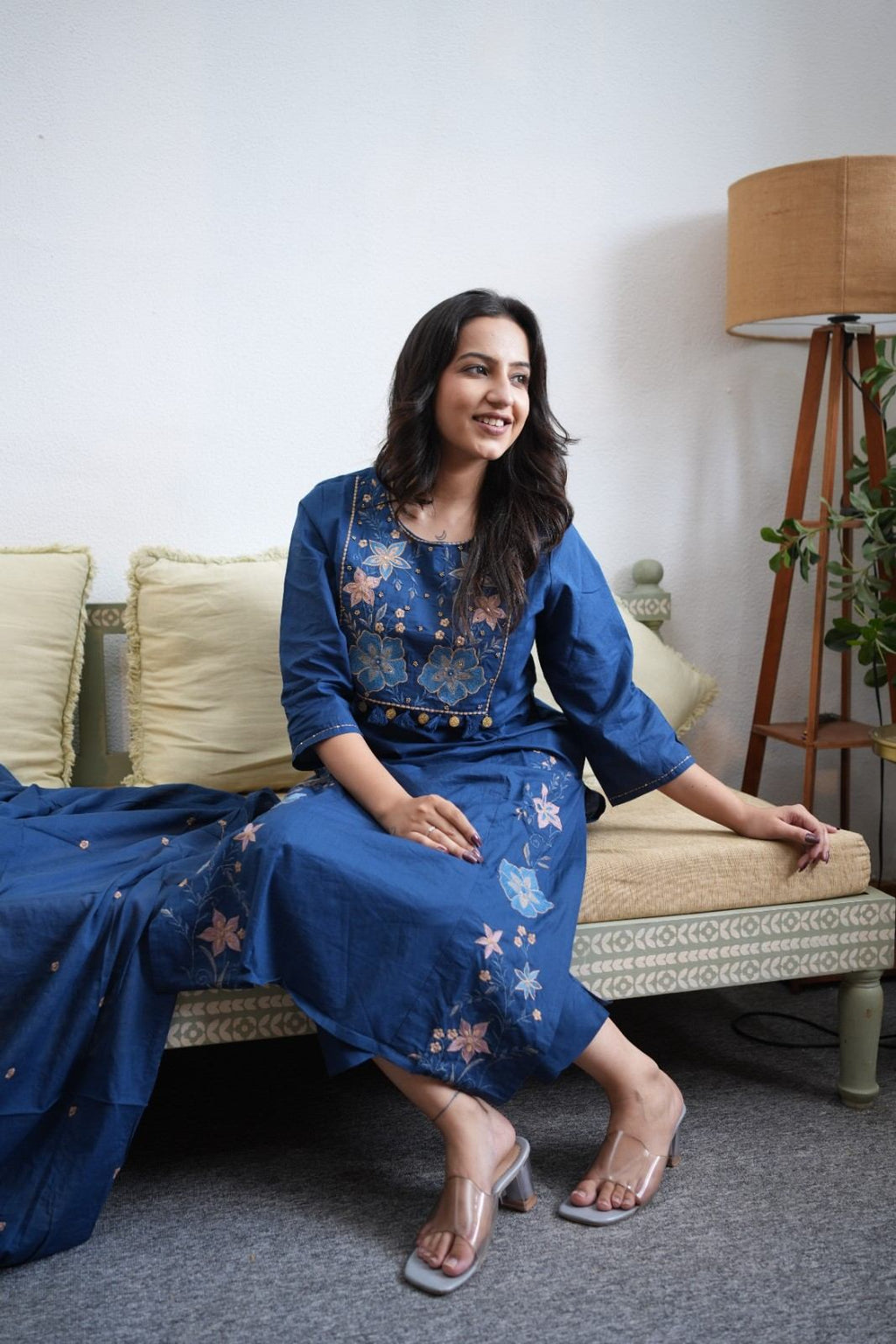 Royal Blue Floral Embroidered Kurta Set with Dupatta