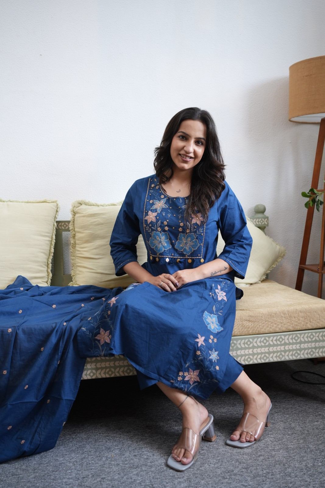 Royal Blue Floral Embroidered Kurta Set with Dupatta