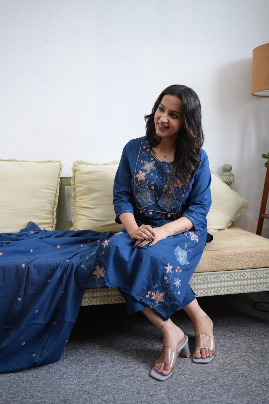 Royal Blue Floral Embroidered Kurta Set with Dupatta