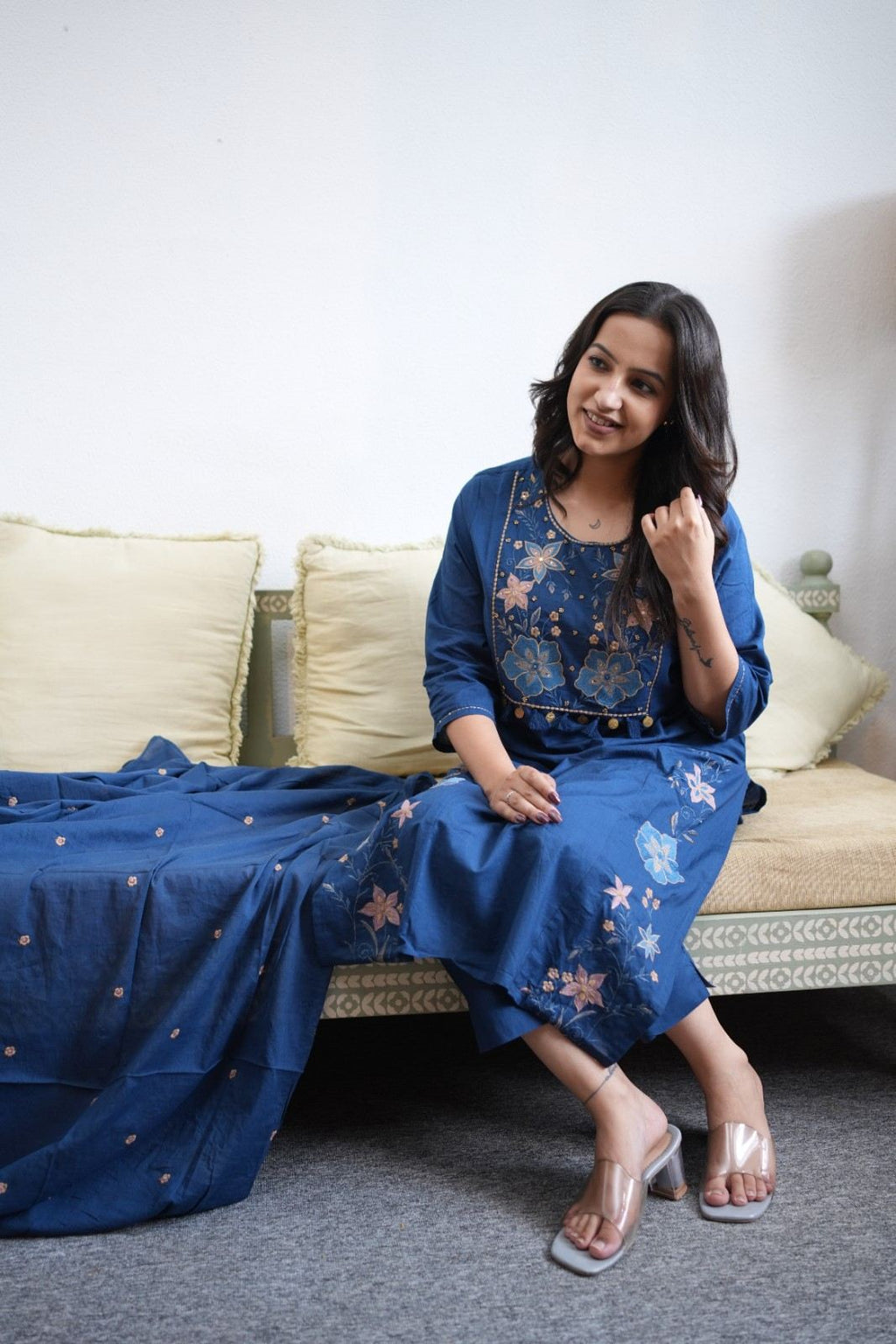 Royal Blue Floral Embroidered Kurta Set with Dupatta