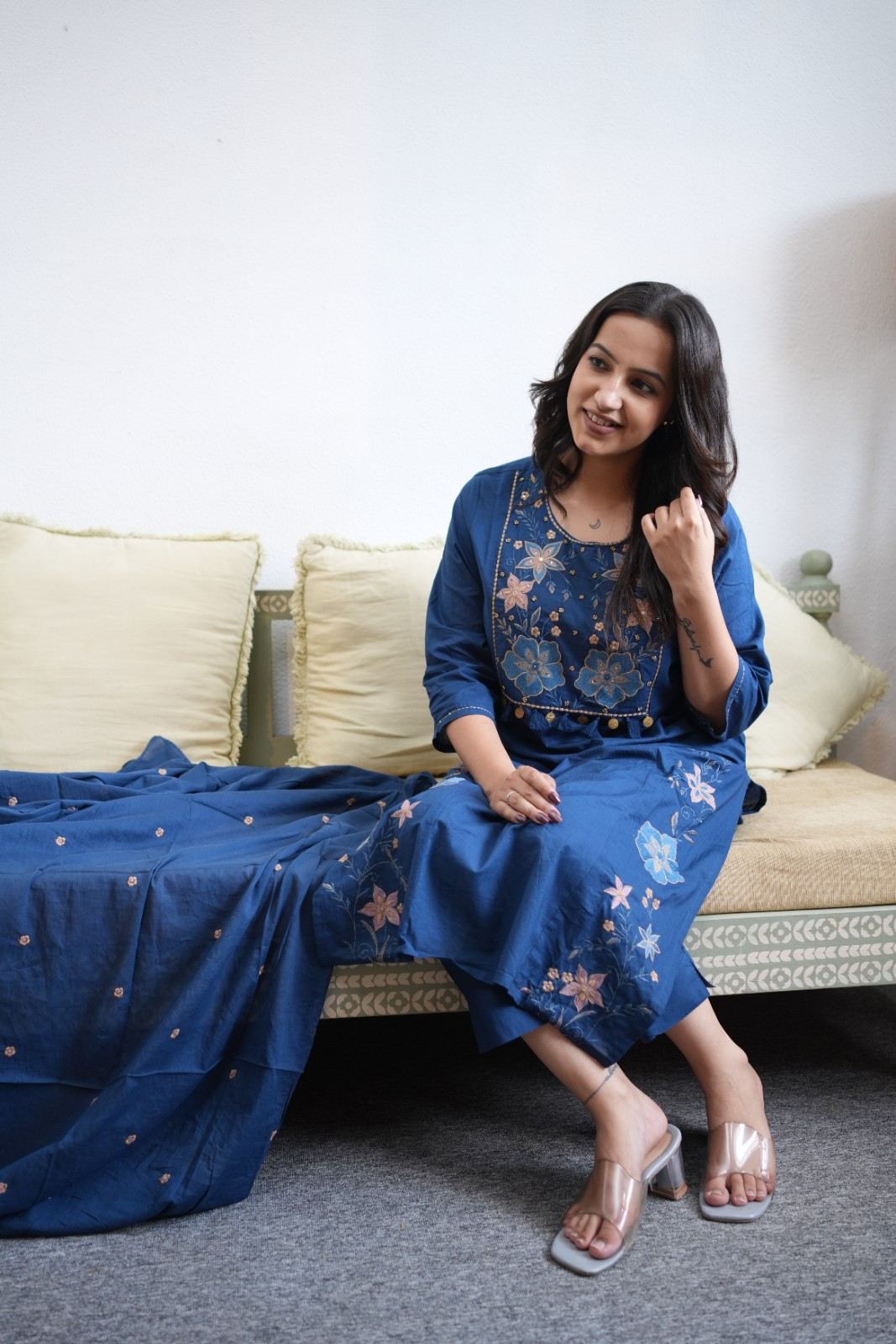 Royal Blue Floral Embroidered Kurta Set with Dupatta