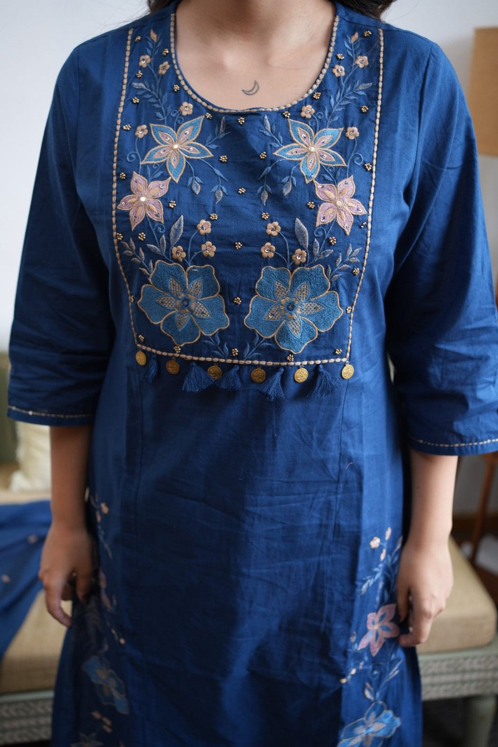 Royal Blue Floral Embroidered Kurta Set with Dupatta