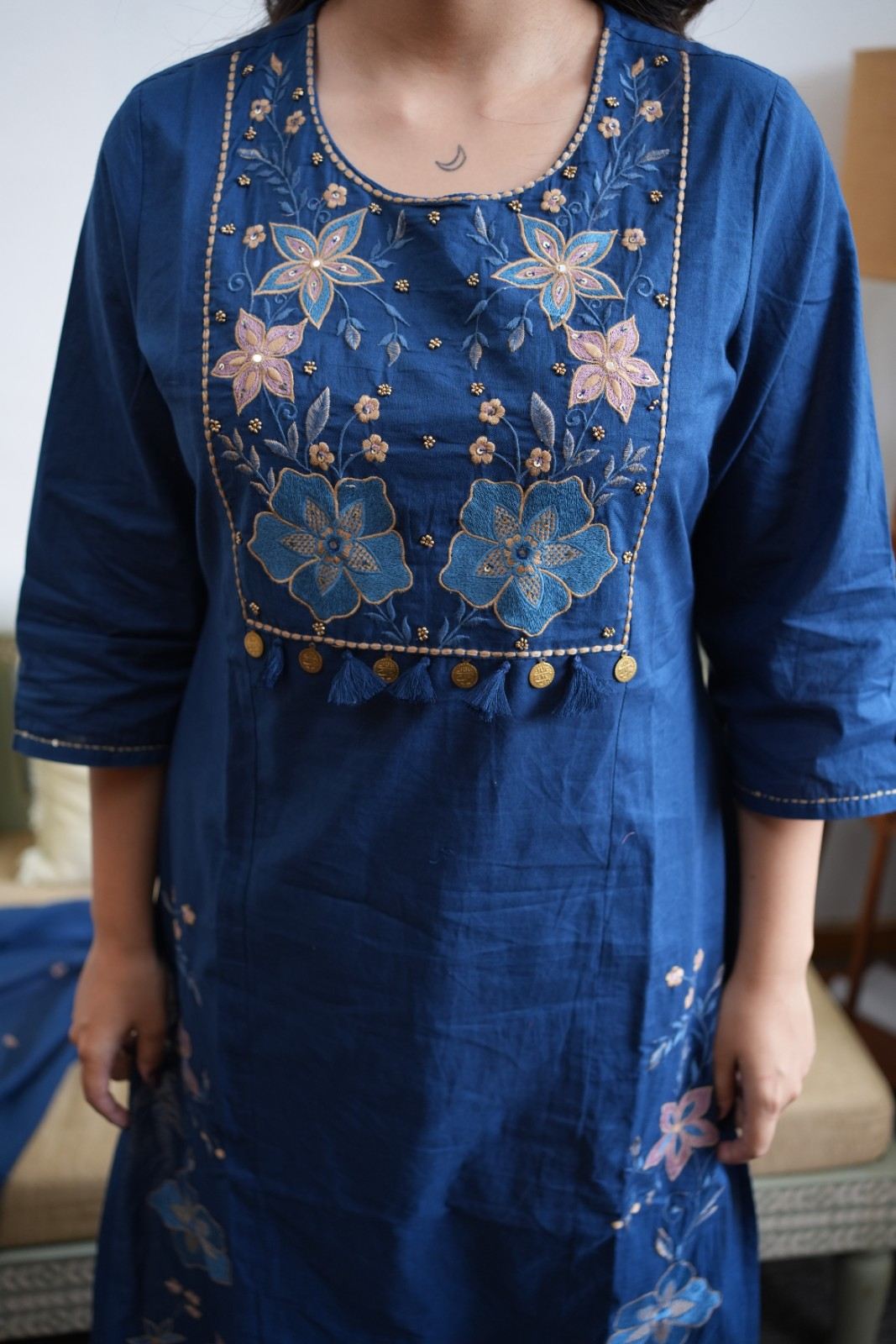 Royal Blue Floral Embroidered Kurta Set with Dupatta
