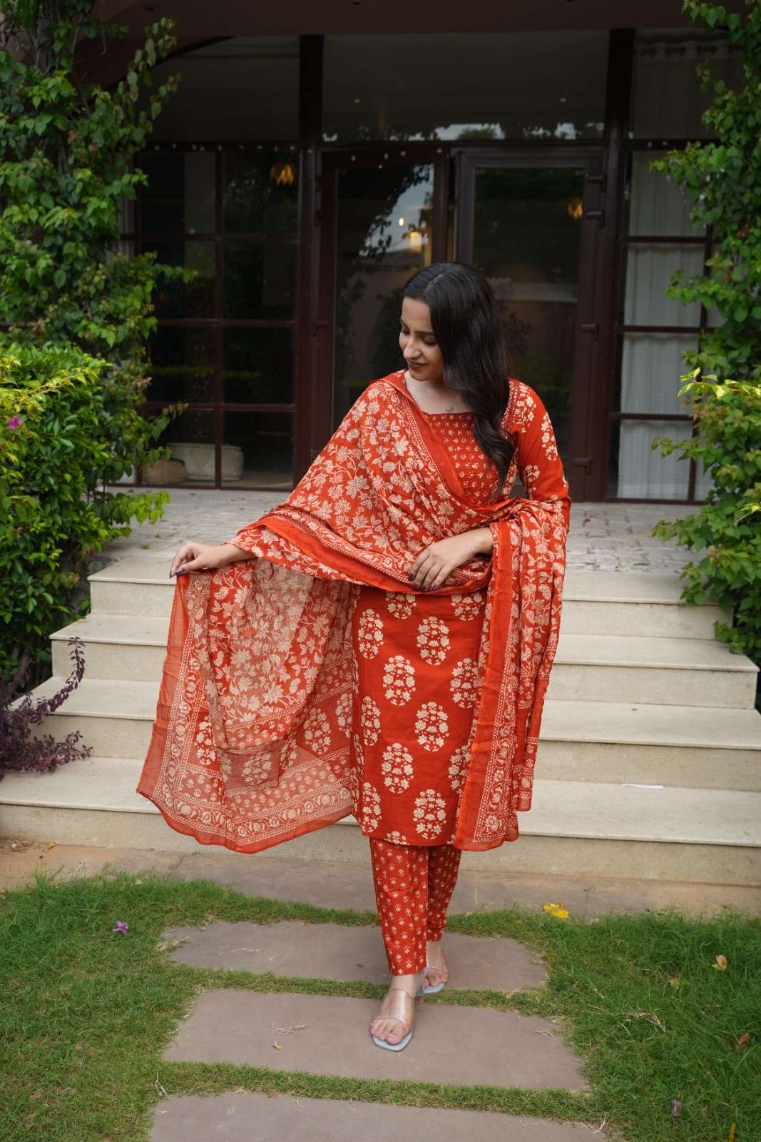 Rust Orange Floral embroidery Cotton Suit Set