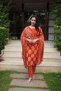 Rust Orange Floral embroidery Cotton Suit Set