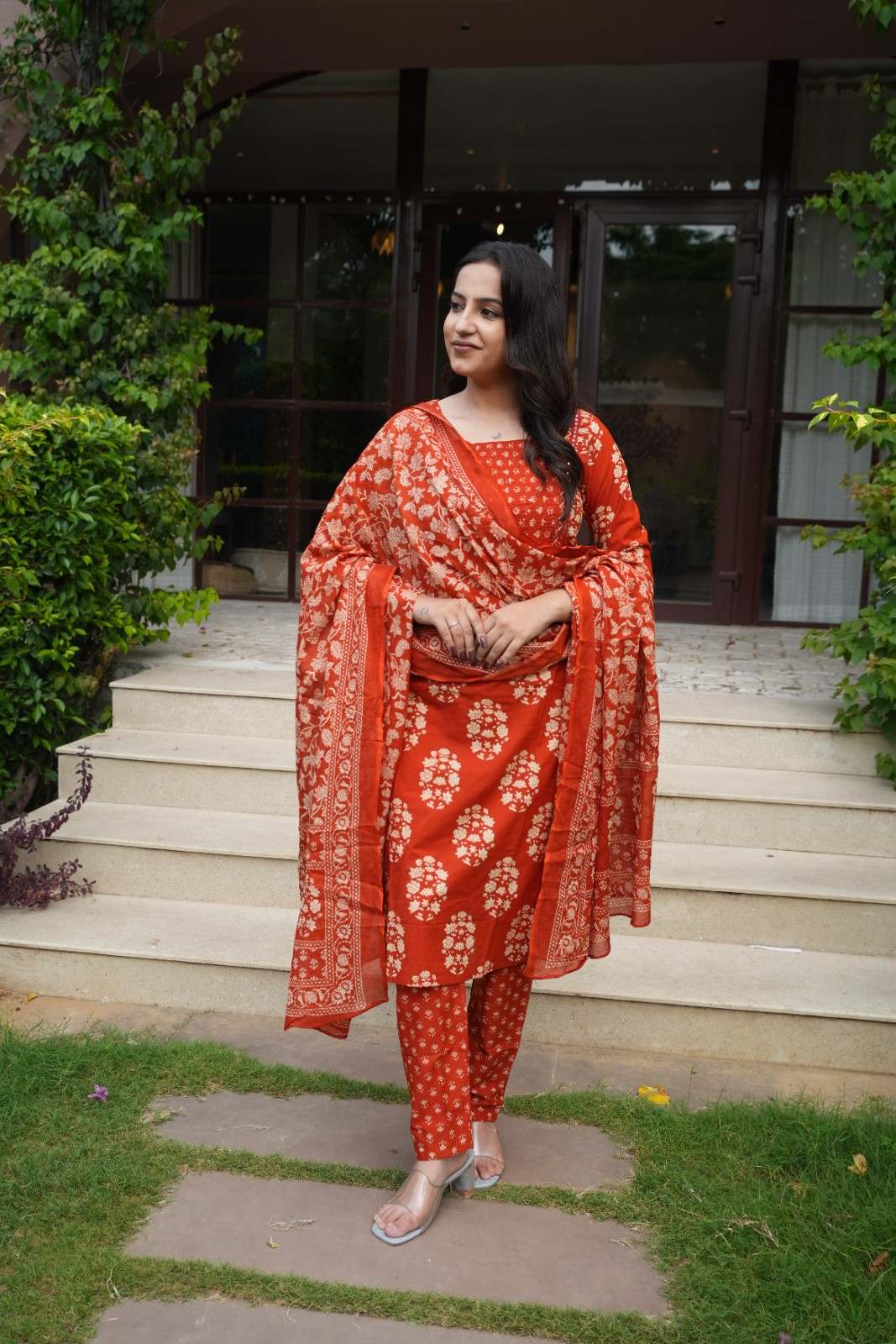 Rust Orange Floral embroidery Cotton Suit Set