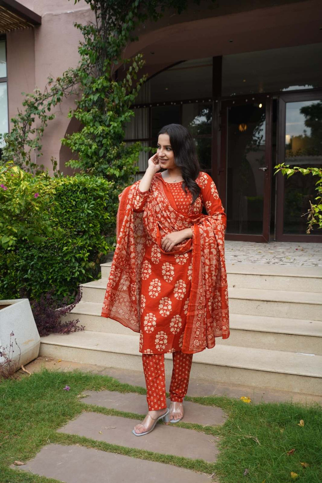 Rust Orange Floral embroidery Cotton Suit Set