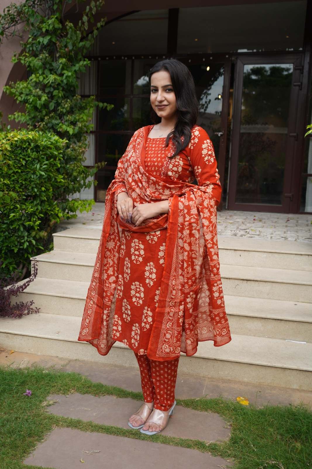 Rust Orange Floral embroidery Cotton Suit Set
