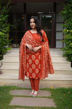 Rust Orange Floral embroidery Cotton Suit Set