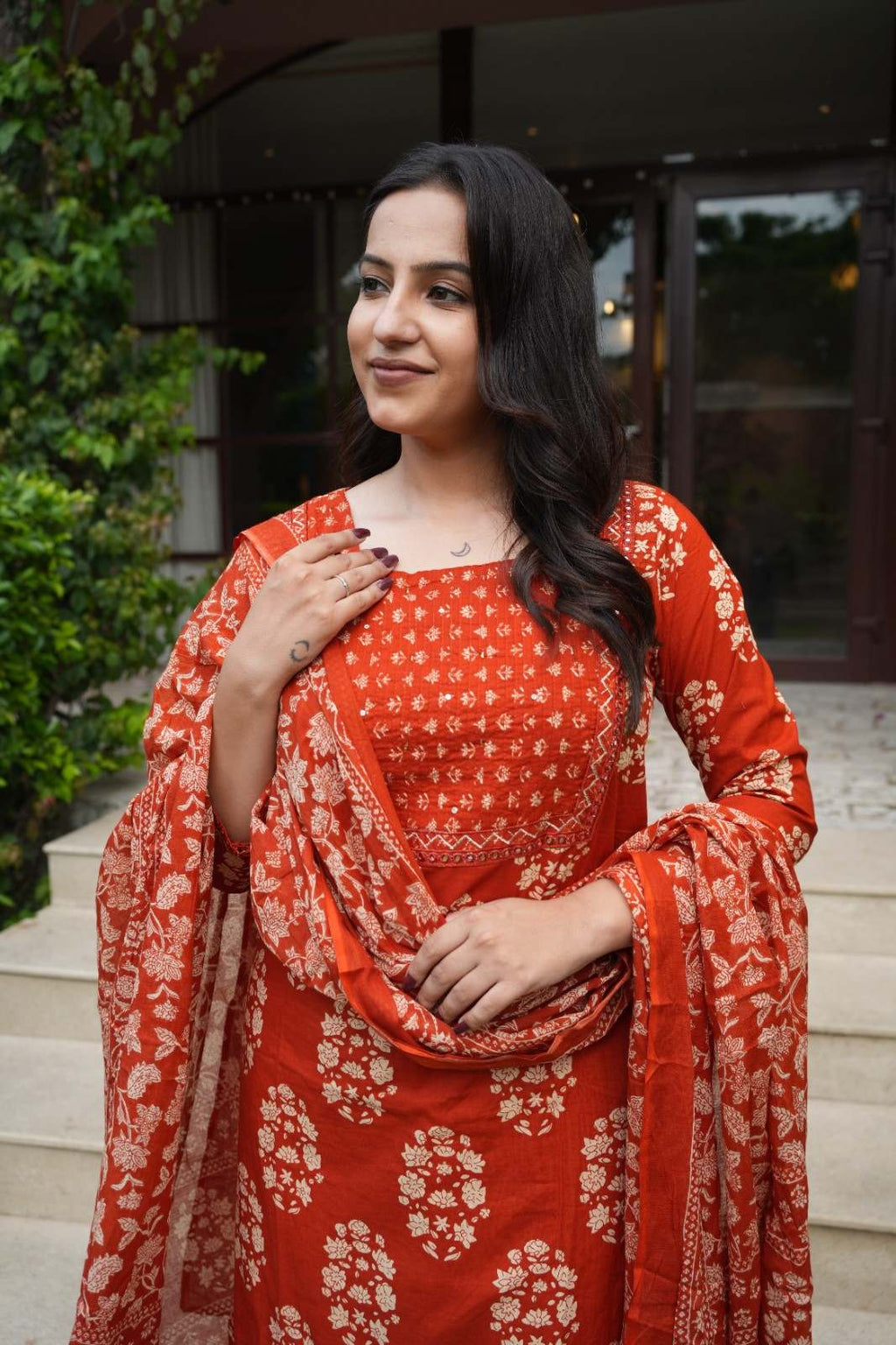 Rust Orange Floral embroidery Cotton Suit Set