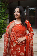 Rust Orange Floral embroidery Cotton Suit Set