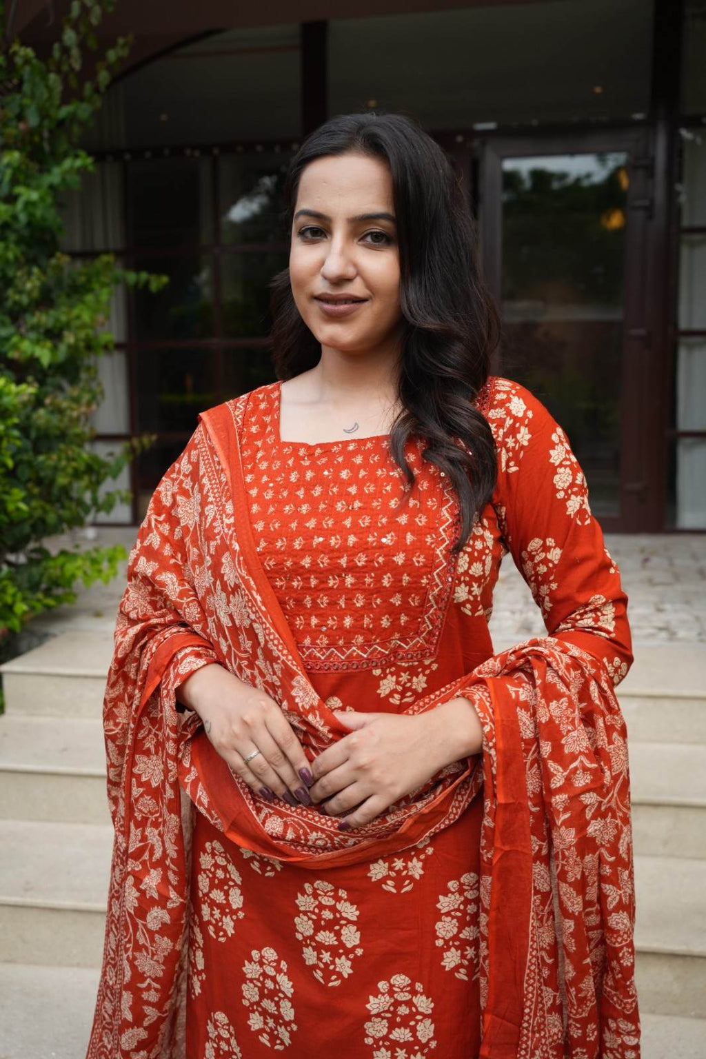 Rust Orange Floral embroidery Cotton Suit Set