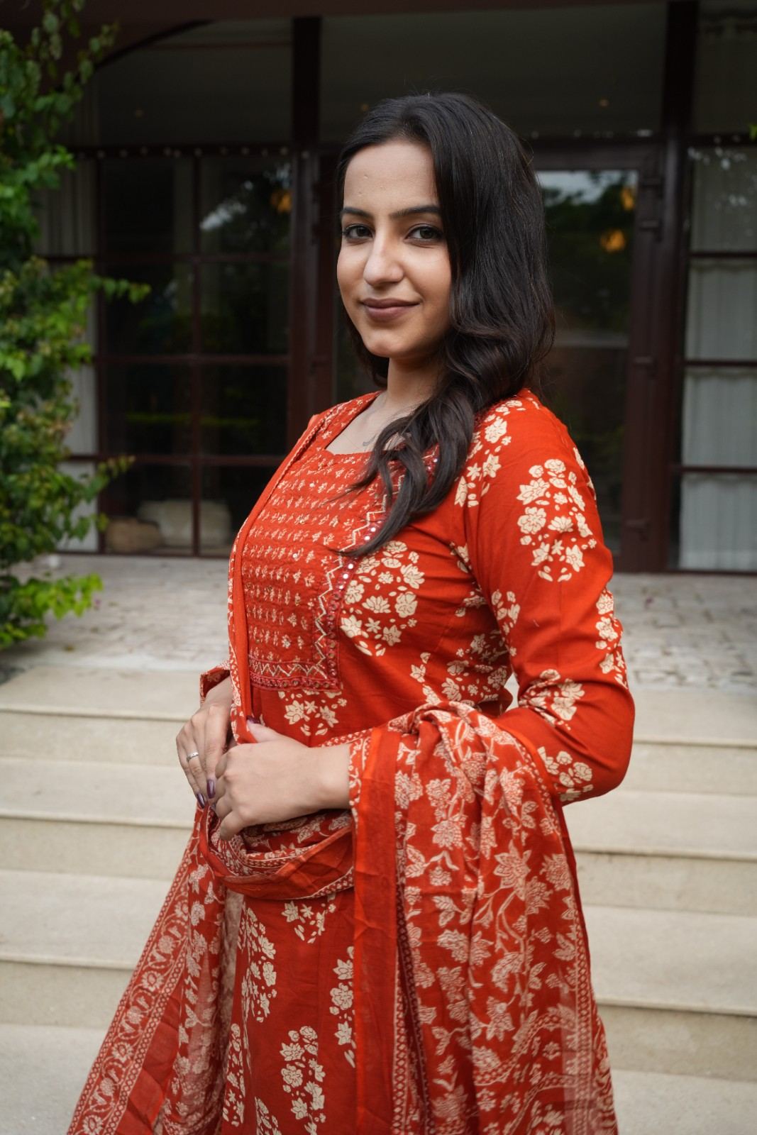Rust Orange Floral embroidery Cotton Suit Set
