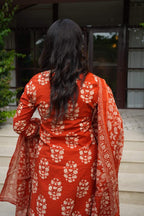 Rust Orange Floral embroidery Cotton Suit Set