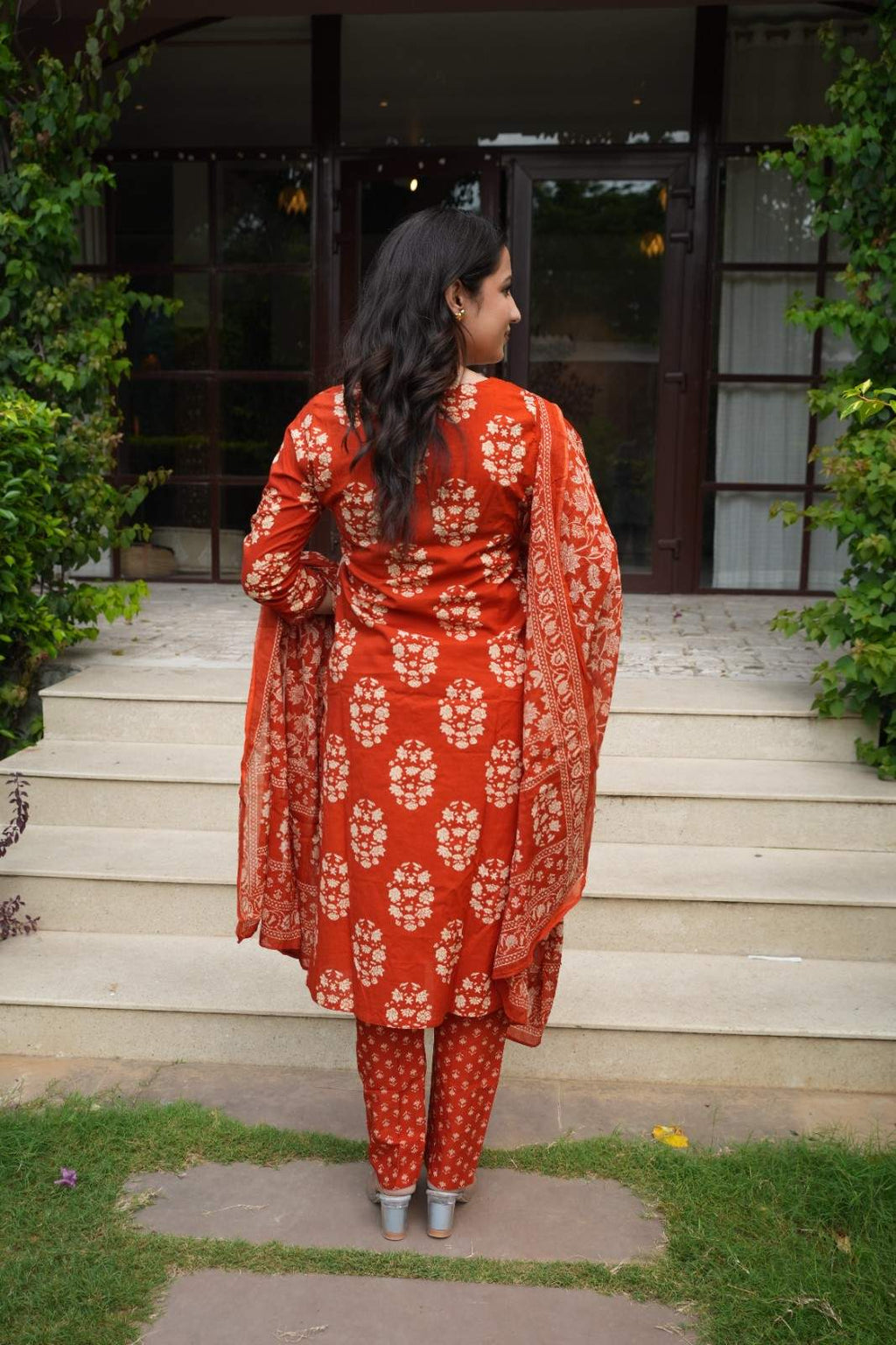 Rust Orange Floral embroidery Cotton Suit Set