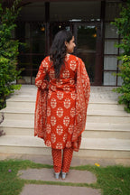 Rust Orange Floral embroidery Cotton Suit Set