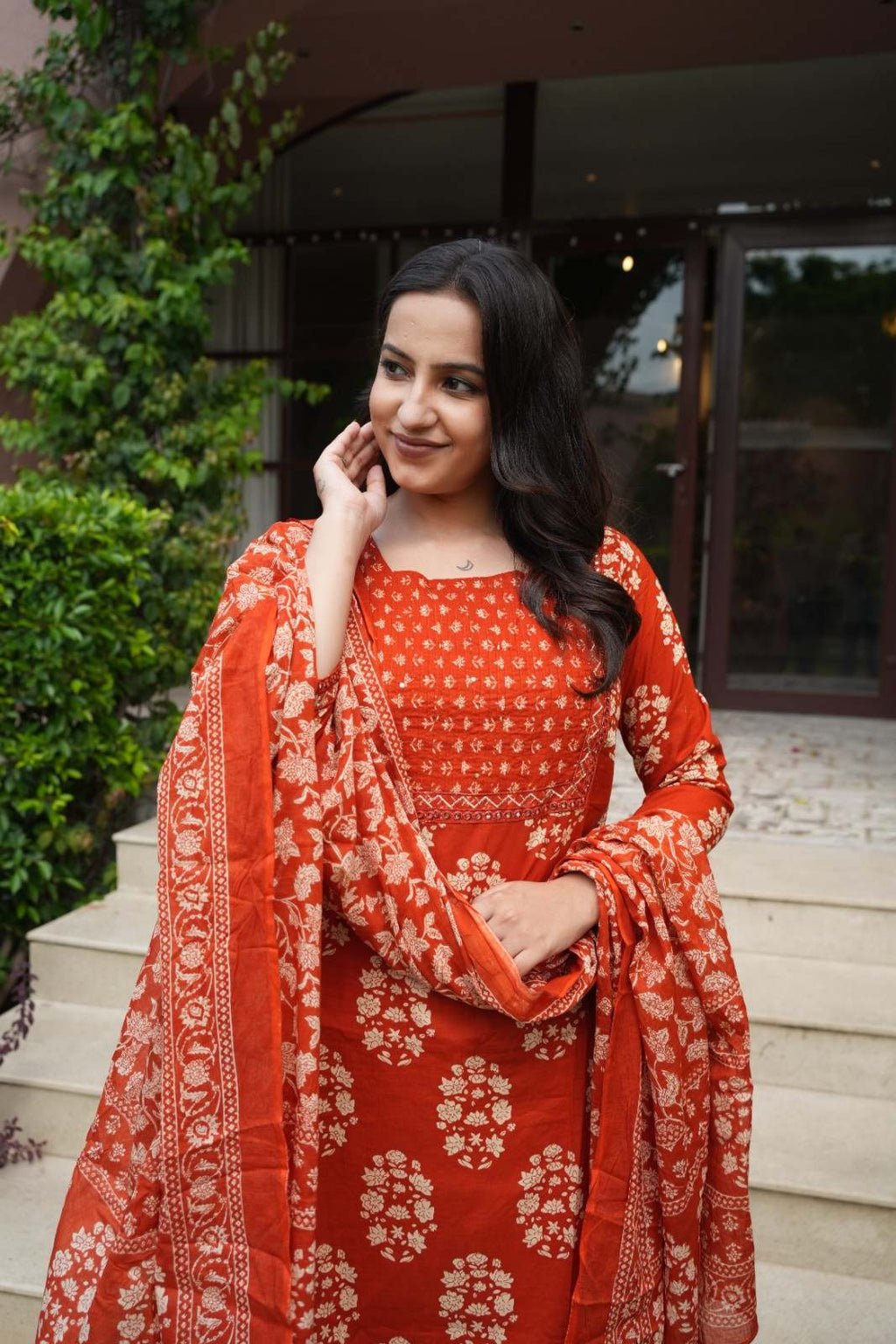 Rust Orange Floral embroidery Cotton Suit Set