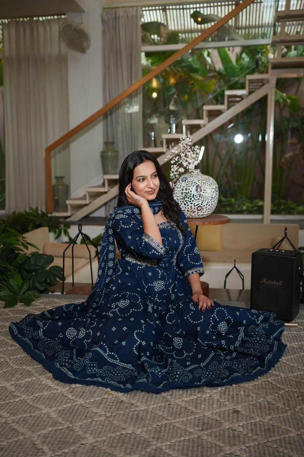 Navy Blue  Embroidered Gown Set with Pintex & Handwork