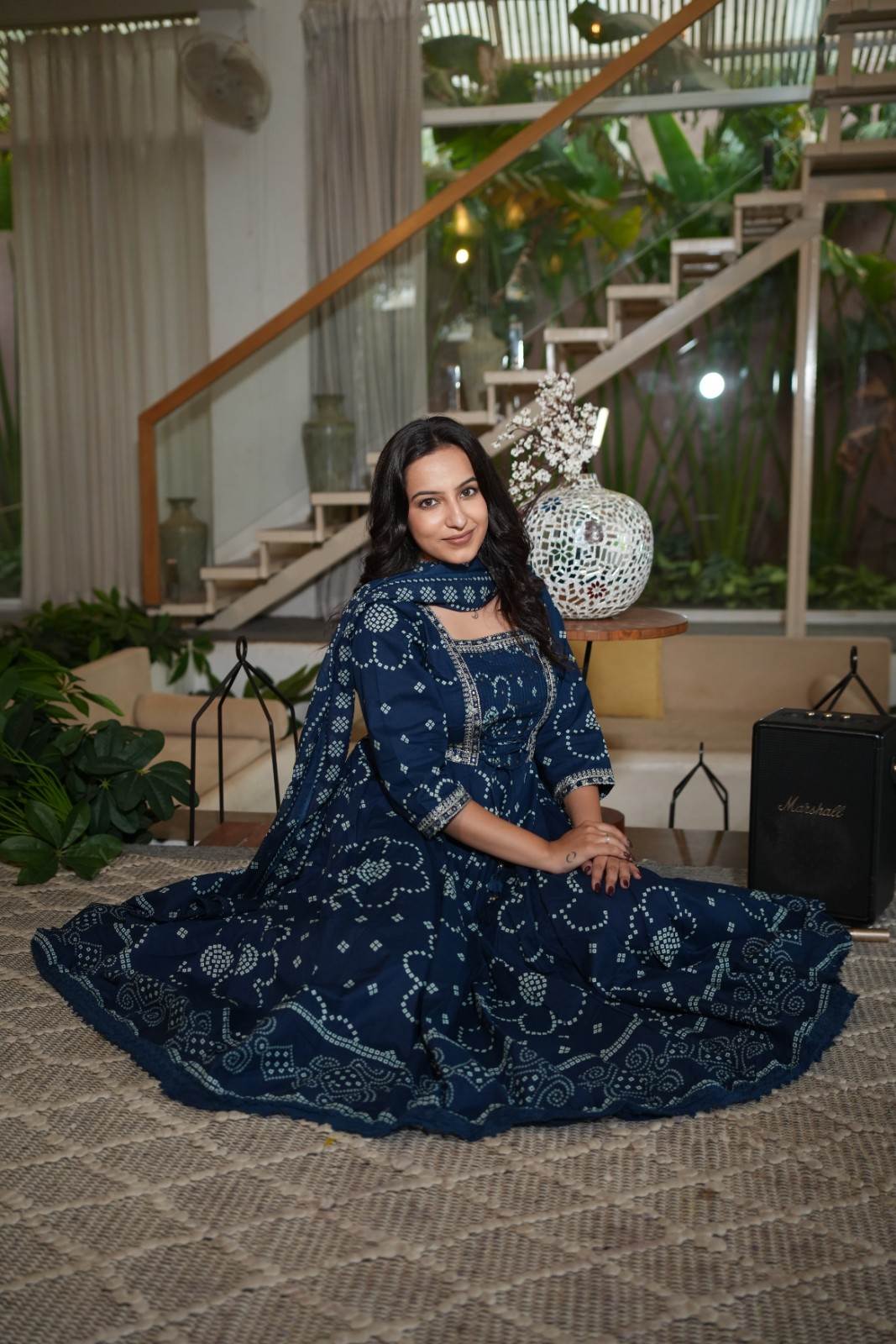 Navy Blue  Embroidered Gown Set with Pintex & Handwork