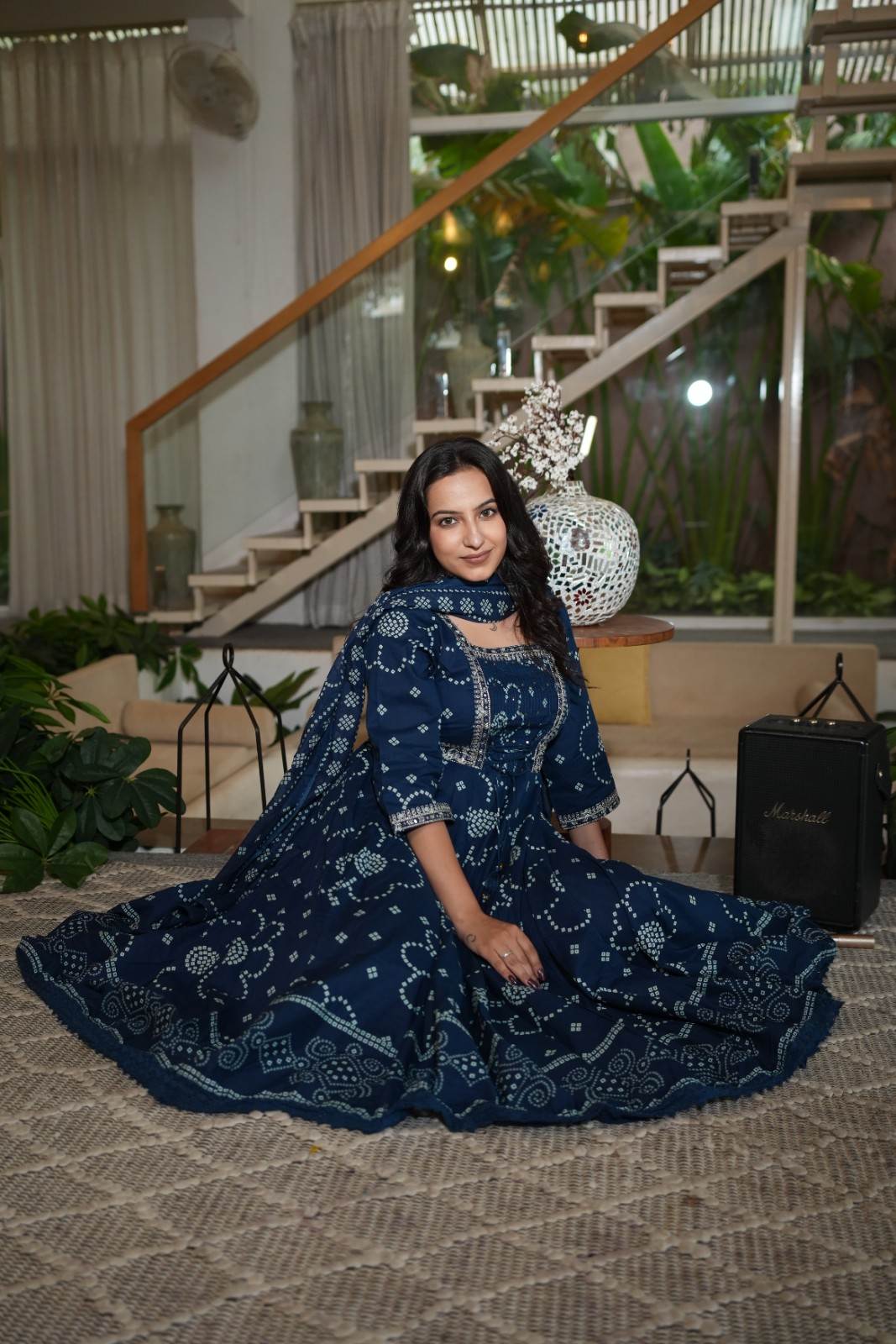 Navy Blue  Embroidered Gown Set with Pintex & Handwork