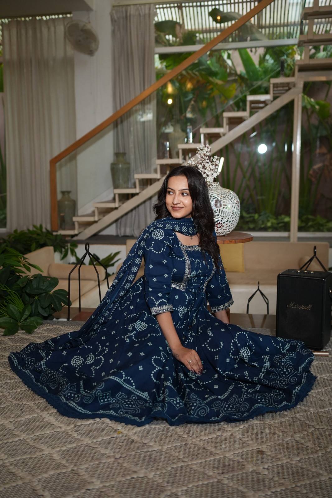 Navy Blue  Embroidered Gown Set with Pintex & Handwork