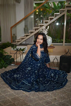 Navy Blue  Embroidered Gown Set with Pintex & Handwork