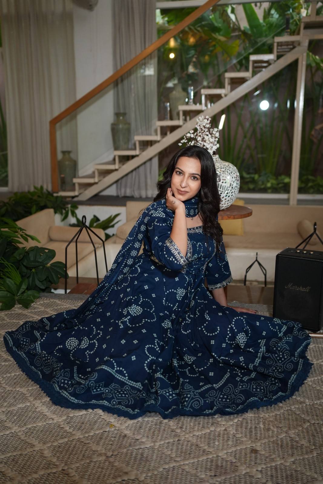 Navy Blue  Embroidered Gown Set with Pintex & Handwork