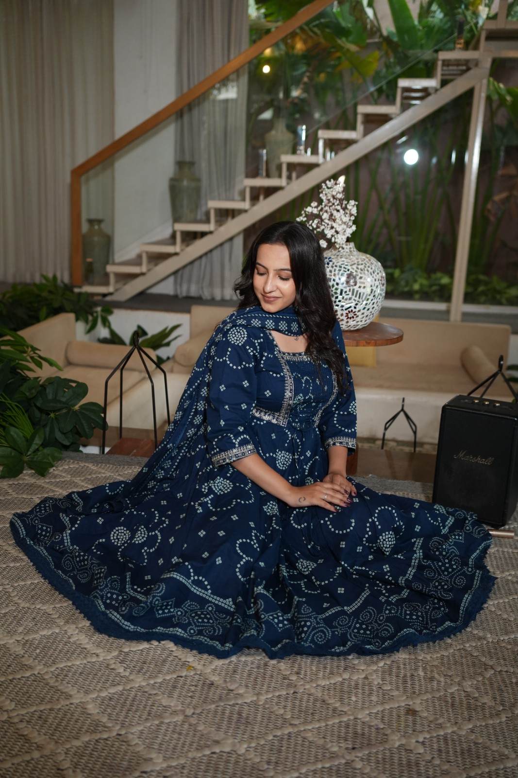 Navy Blue  Embroidered Gown Set with Pintex & Handwork