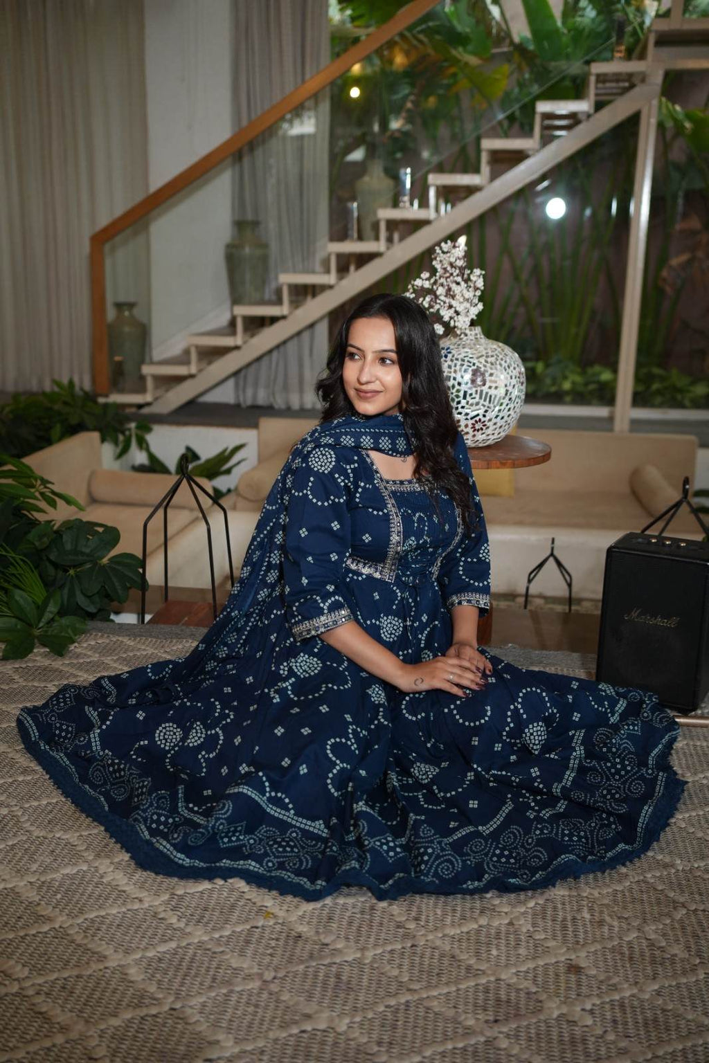 Navy Blue  Embroidered Gown Set with Pintex & Handwork