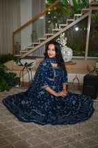 Navy Blue  Embroidered Gown Set with Pintex & Handwork