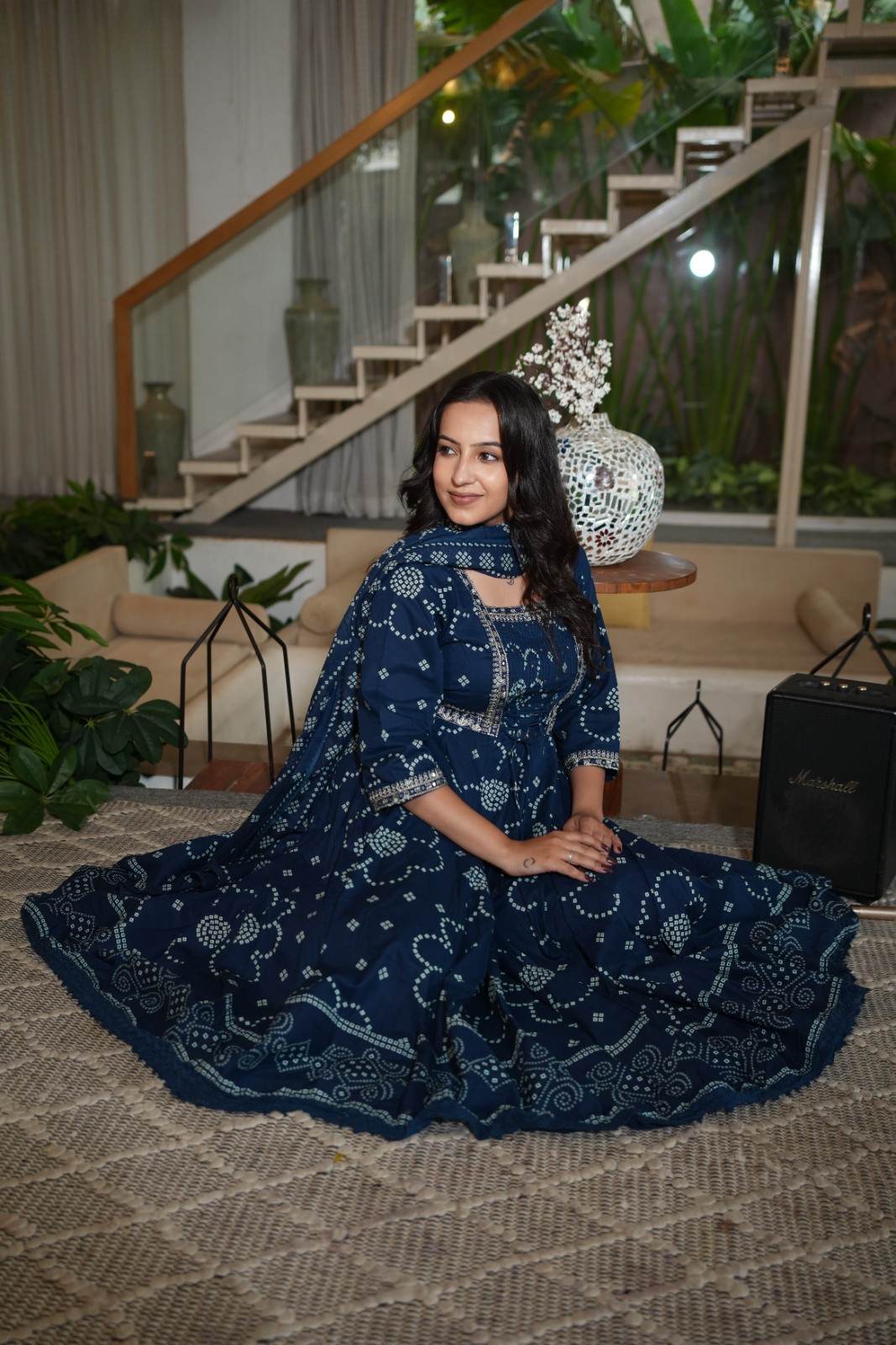 Navy Blue  Embroidered Gown Set with Pintex & Handwork