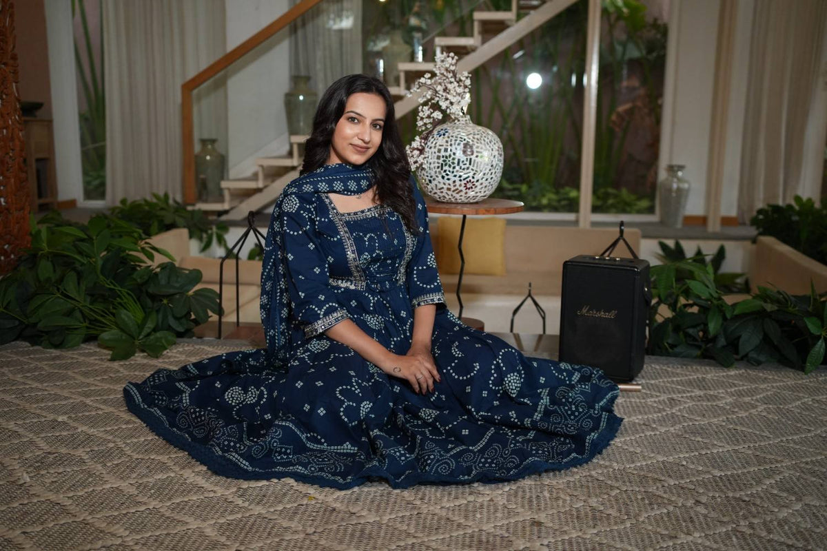 Navy Blue  Embroidered Gown Set with Pintex & Handwork