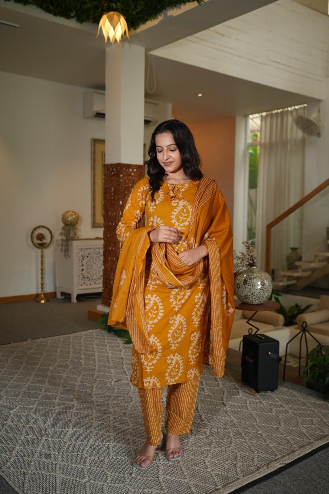 Mustard Yellow Handwork Kurta Pant Set