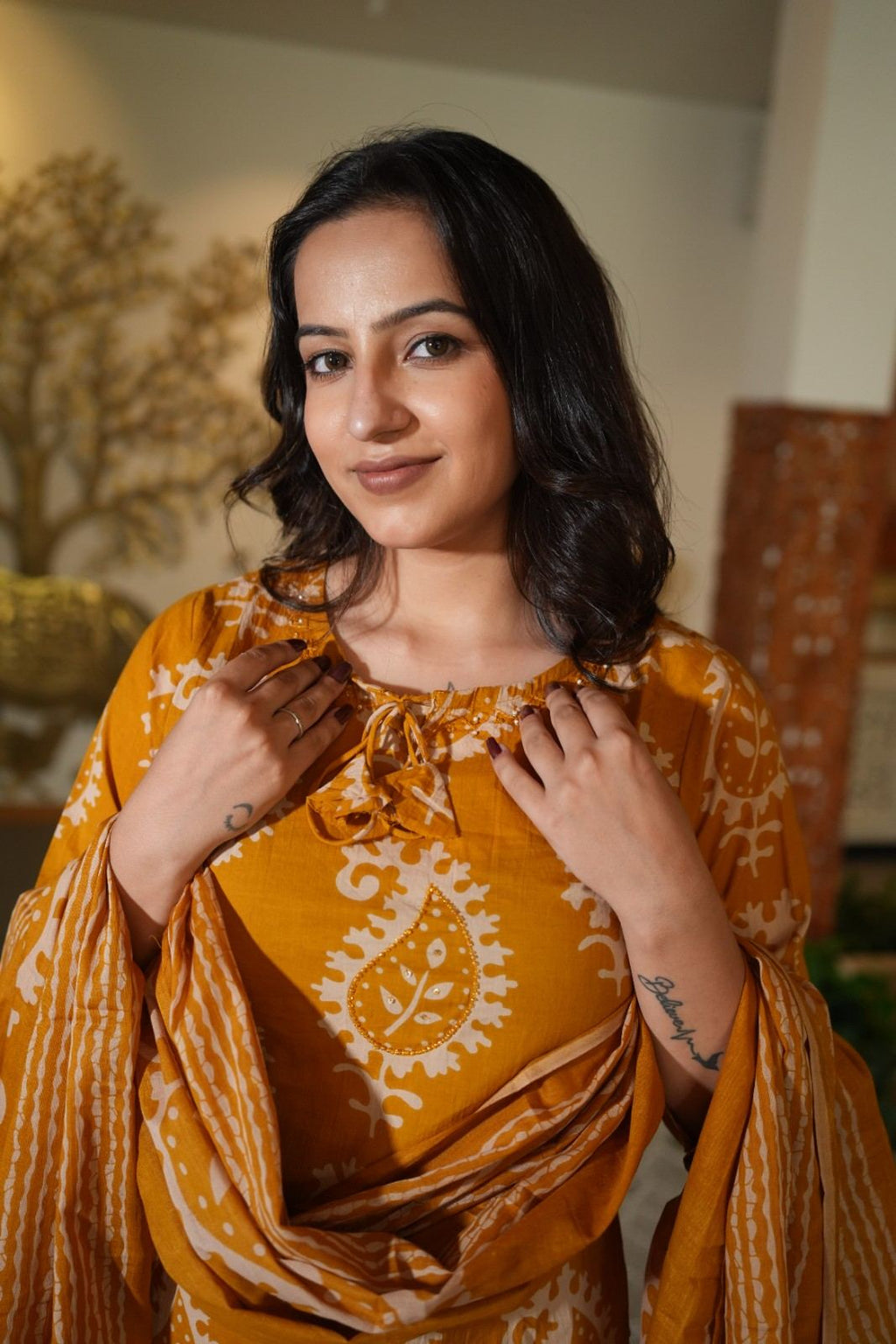 Mustard Yellow Handwork Kurta Pant Set