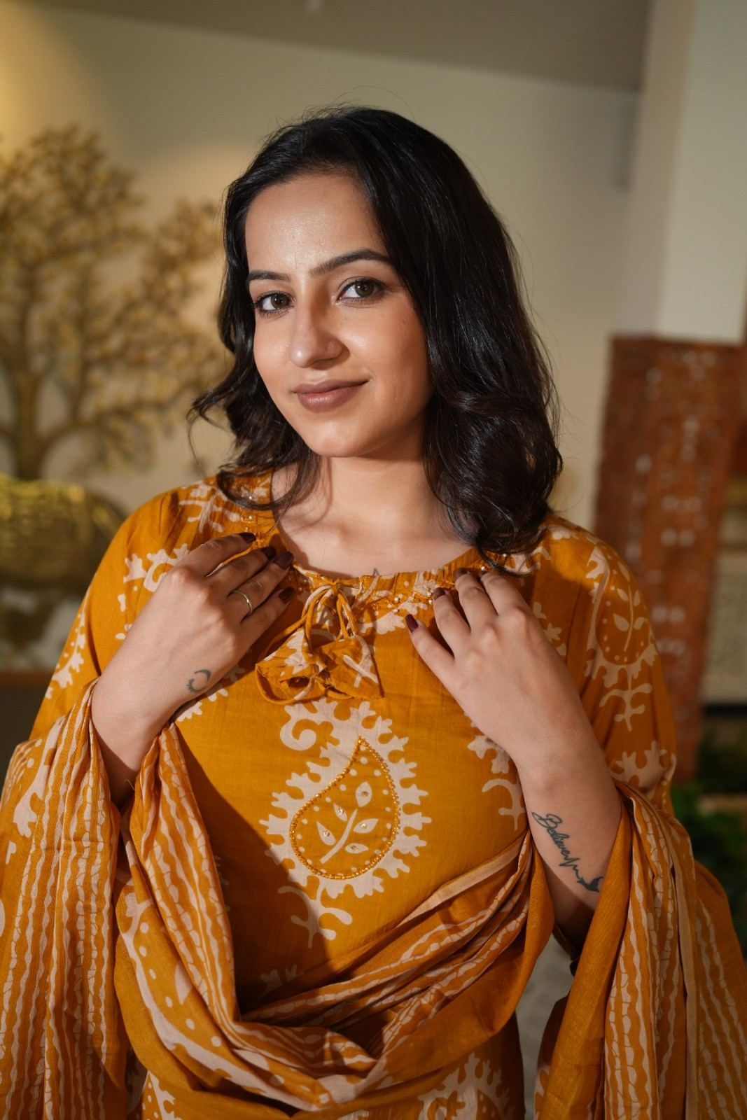 Mustard Yellow Handwork Kurta Pant Set