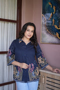 Women’s Navy Blue Floral Embroidered Short Kurti