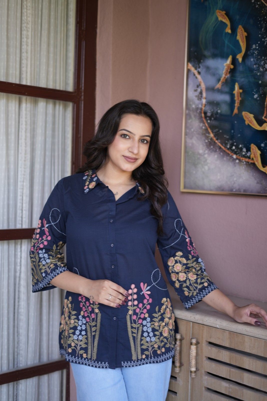 Women’s Navy Blue Floral Embroidered Short Kurti