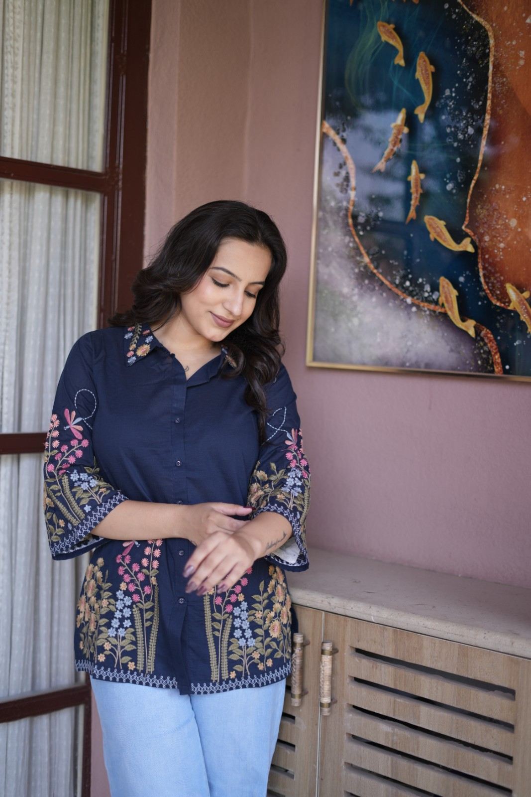 Women’s Navy Blue Floral Embroidered Short Kurti