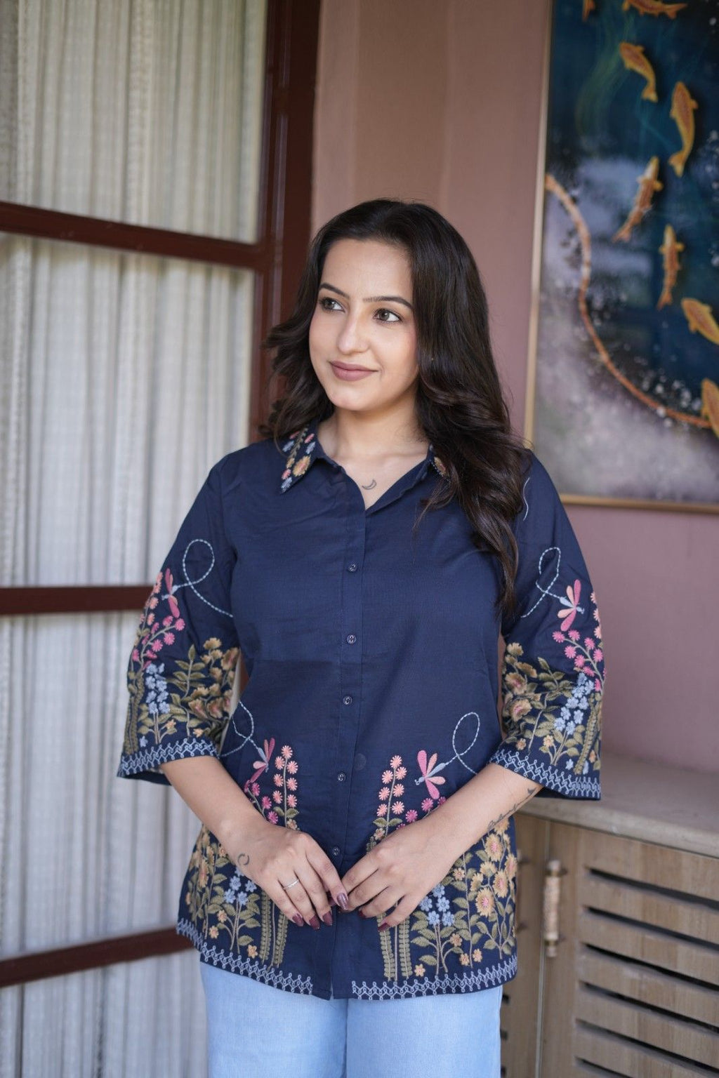 Women’s Navy Blue Floral Embroidered Short Kurti