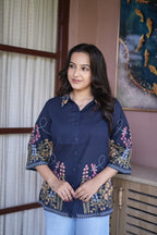 Women’s Navy Blue Floral Embroidered Short Kurti