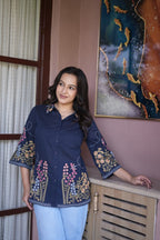 Women’s Navy Blue Floral Embroidered Short Kurti