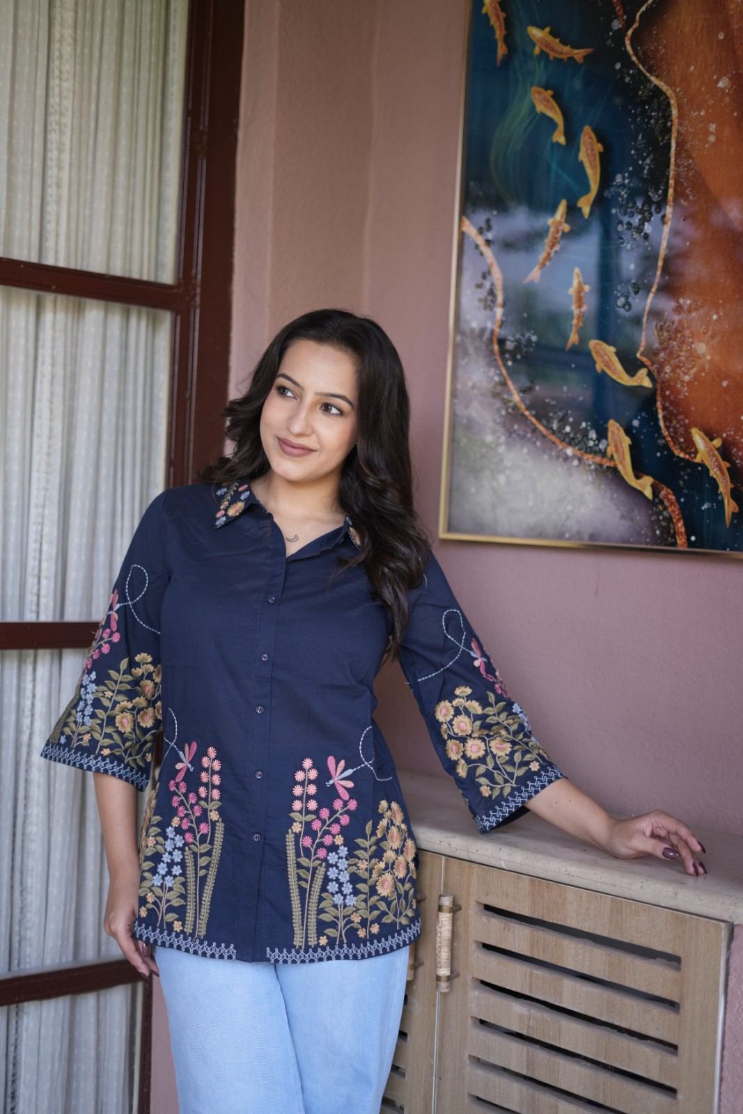 Women’s Navy Blue Floral Embroidered Short Kurti