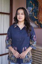 Women’s Navy Blue Floral Embroidered Short Kurti